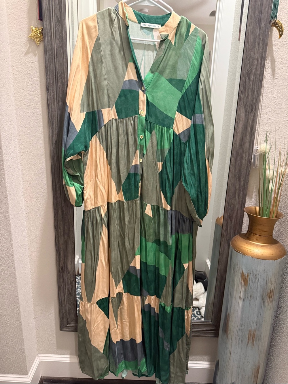 Geometric Print Long Sleeve Maxi Dress - Green & Cream